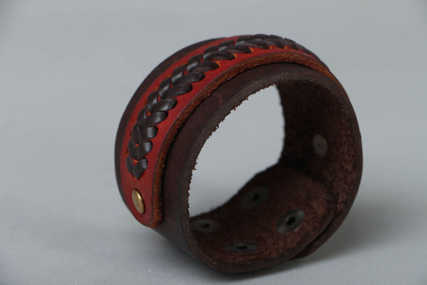 Bracelet en cuir fait main original rouge photo 3