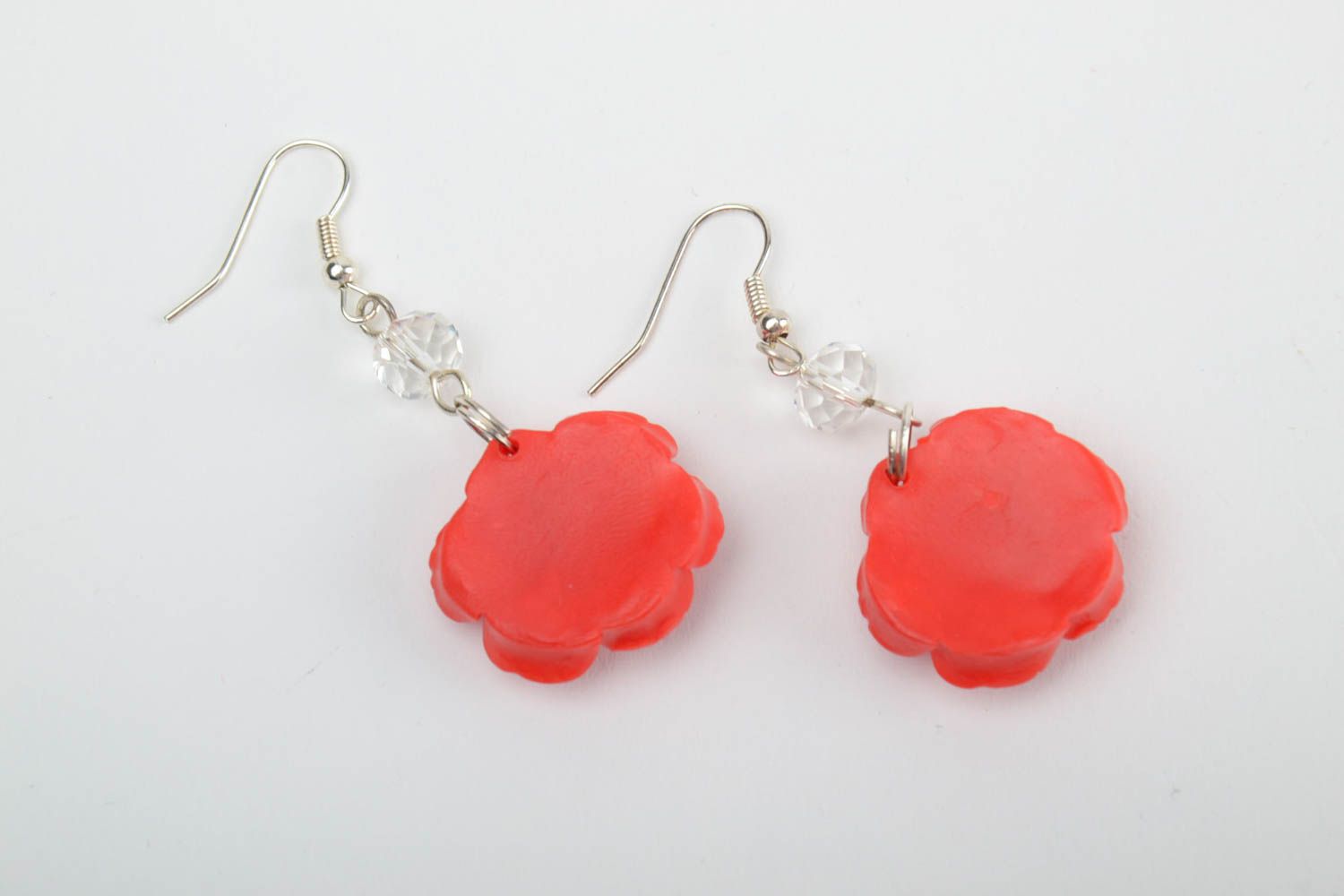 Handmade small polymer clay floral dangling earrings red roses for ladies photo 5