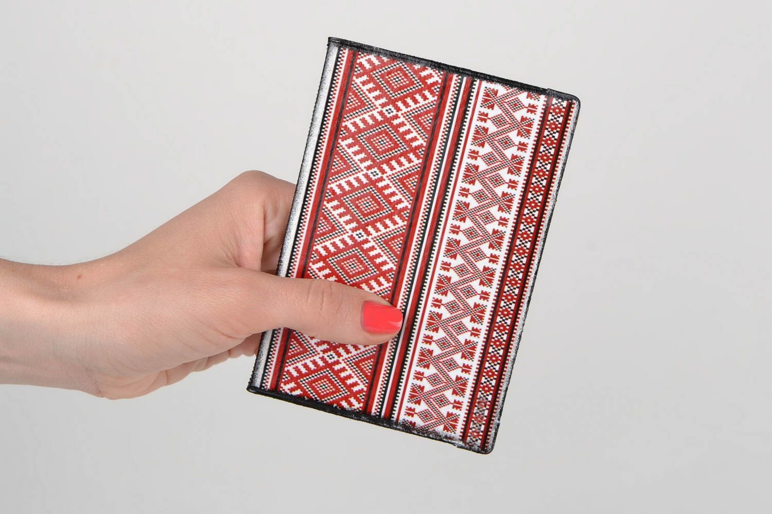 Handmade faux leather passport cover with decoupage red and white ethnic pattern photo 2