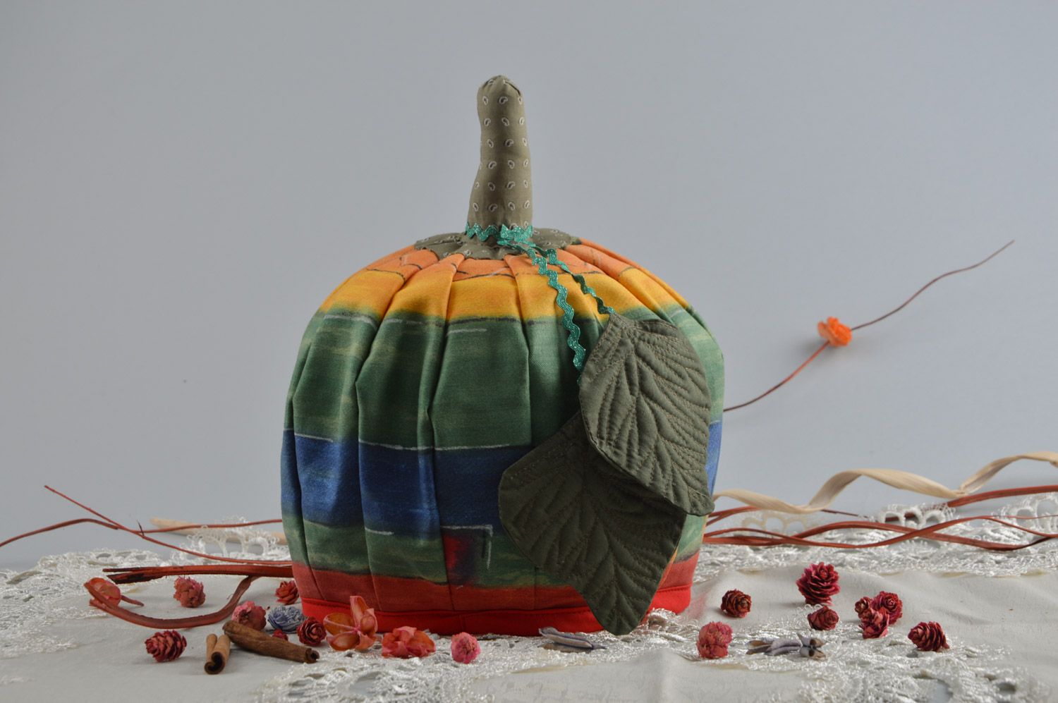 Handmade warm teapot cozy sewn of cotton in the shape of colorful pumpkin photo 3