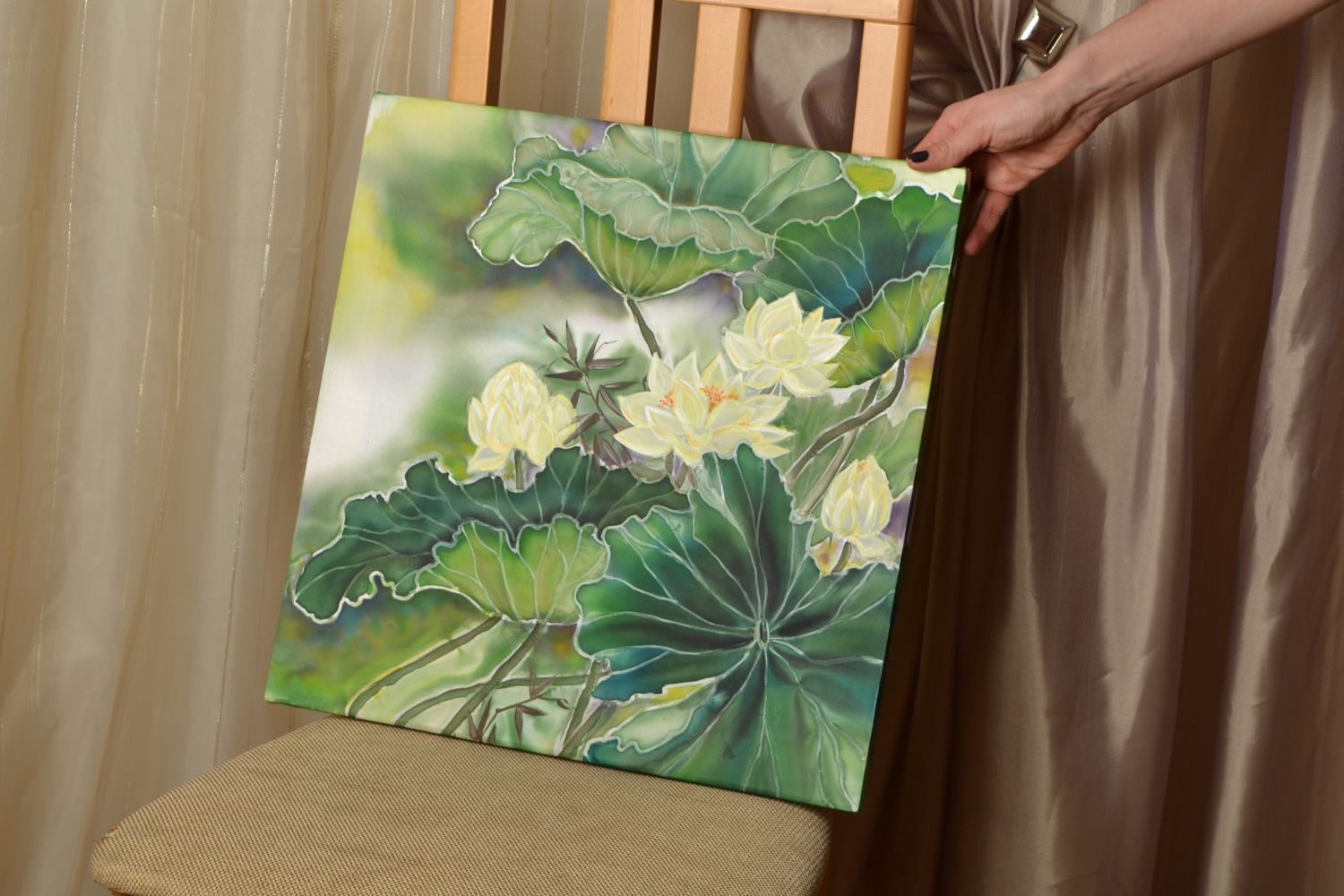 Peinture contemporaine faite main sur soie Lotus photo 2