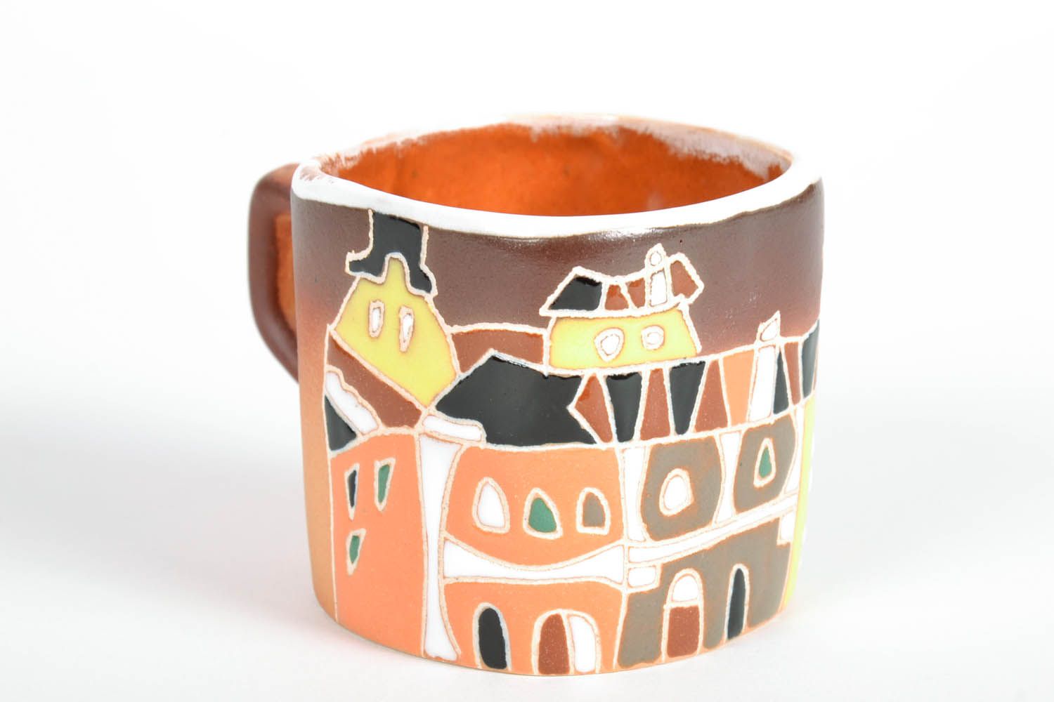 Handmade clay glazed coffee mug with little old city houses pattern photo 4