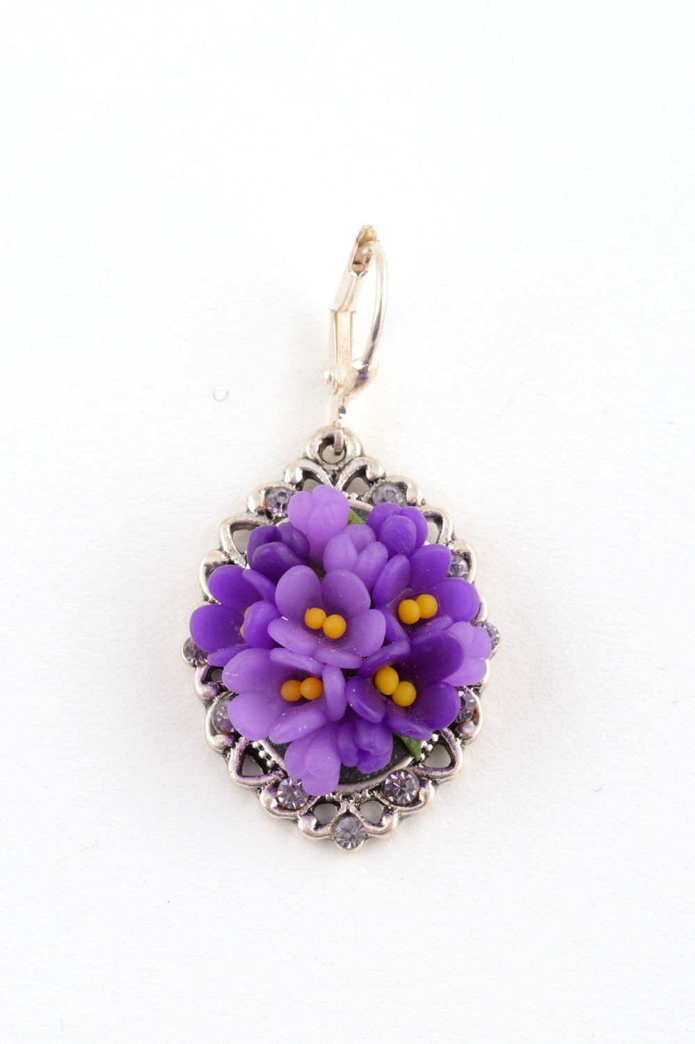 Festive handmade violet cute stylish flower earrings made of polymer clay photo 2