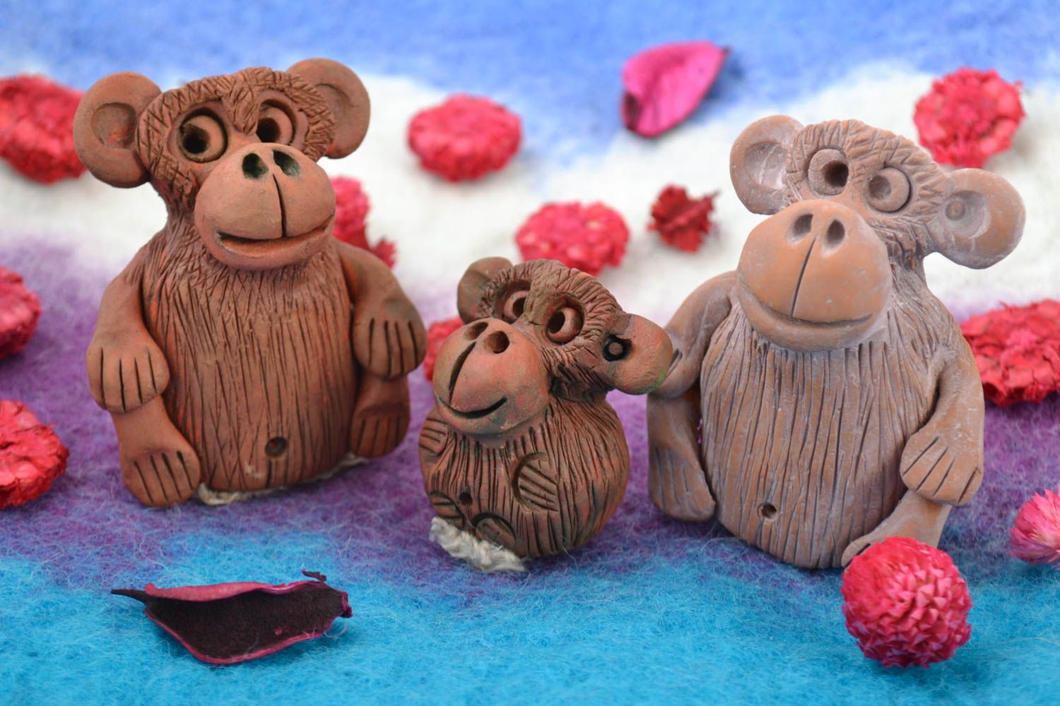 Handmade designer's ceramic statuettes set 3 pieces little monkeys photo 1