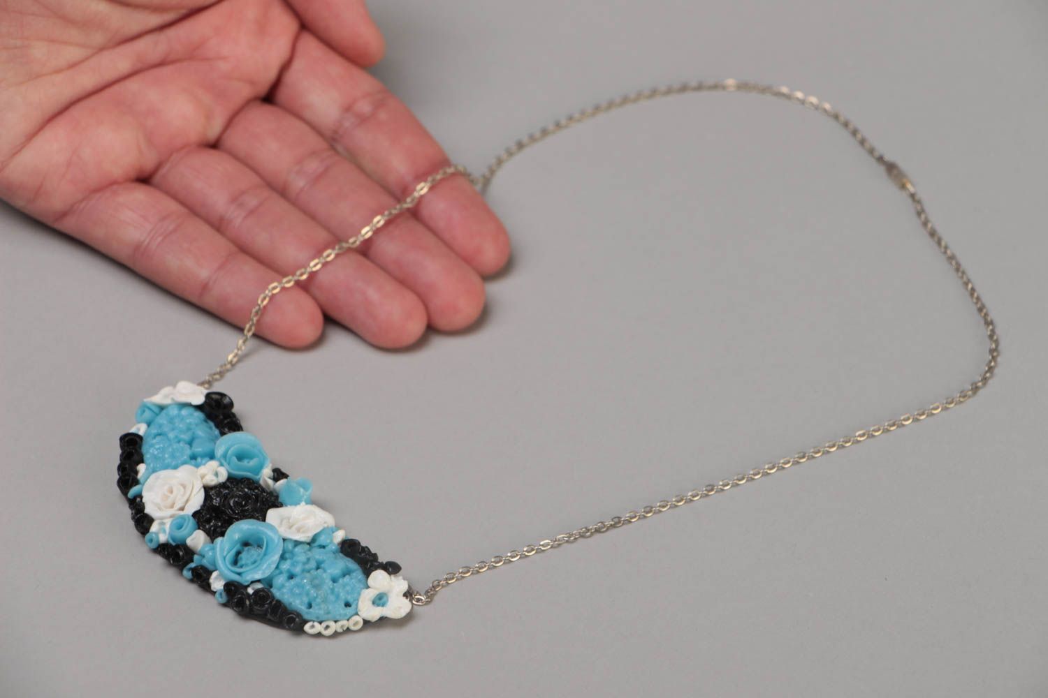 Handmade blue and white polymer clay floral pendant necklace on metal chain  photo 5