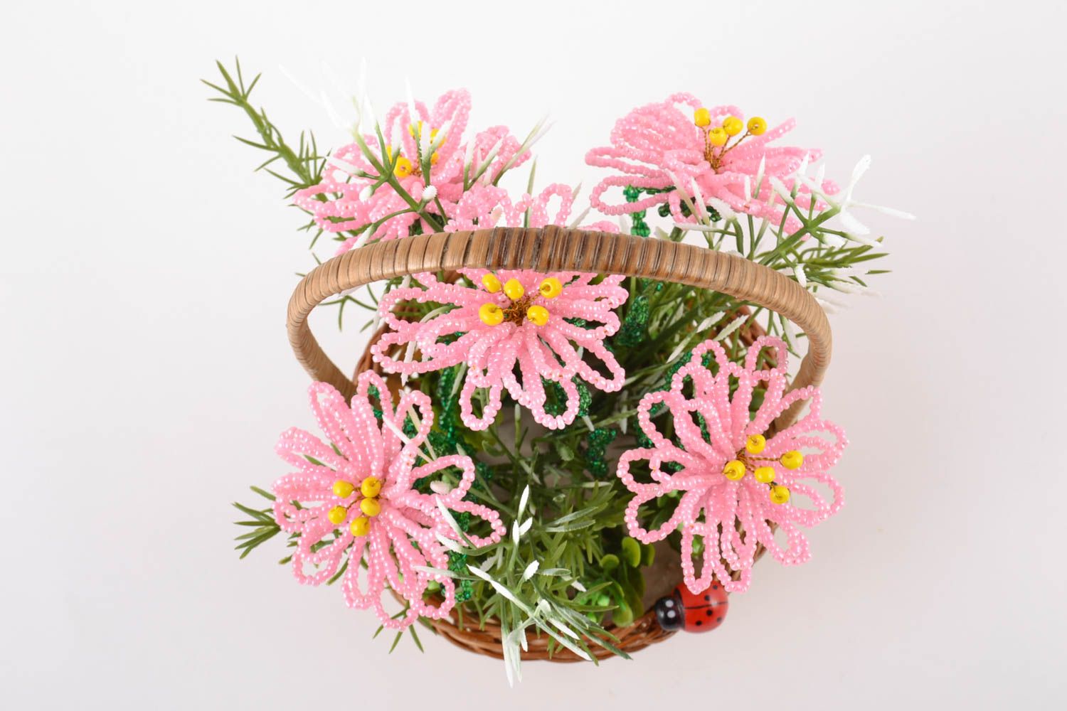 Handmade artificial pink volume beaded flowers in small decorative basket photo 3