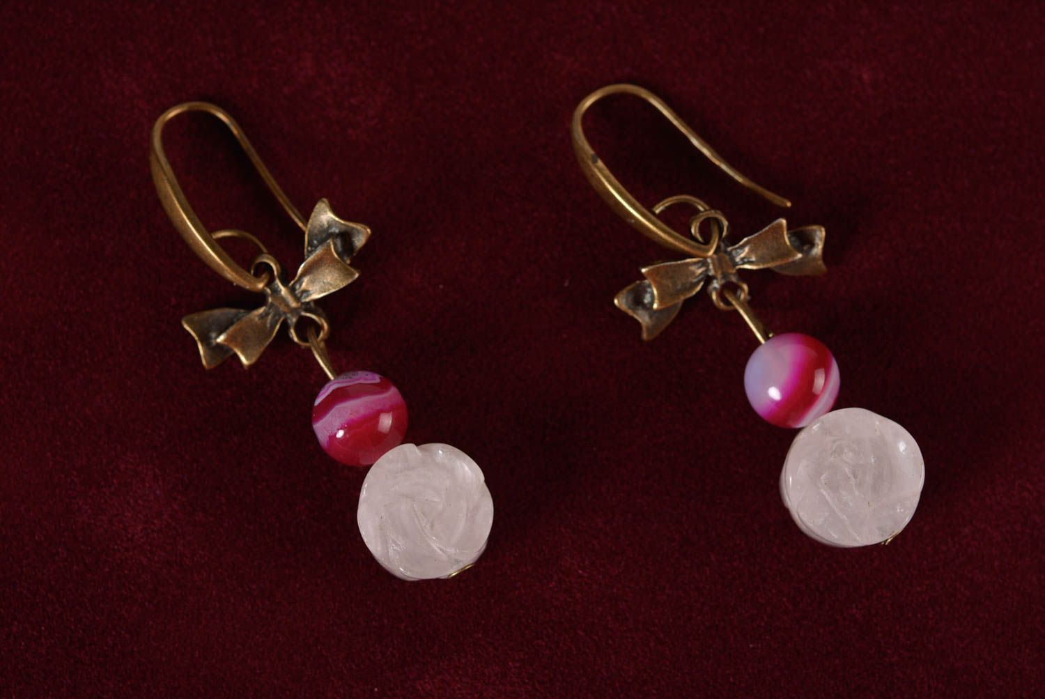 Boucles d'oreilles pendantes Bijou fait main agate quartz rose Cadeau femme photo 1