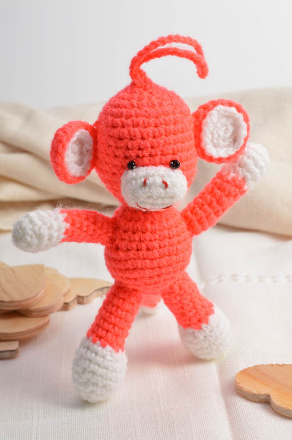 Handmade beautiful designer orange soft crocheted toy monkey with eyelet photo 1