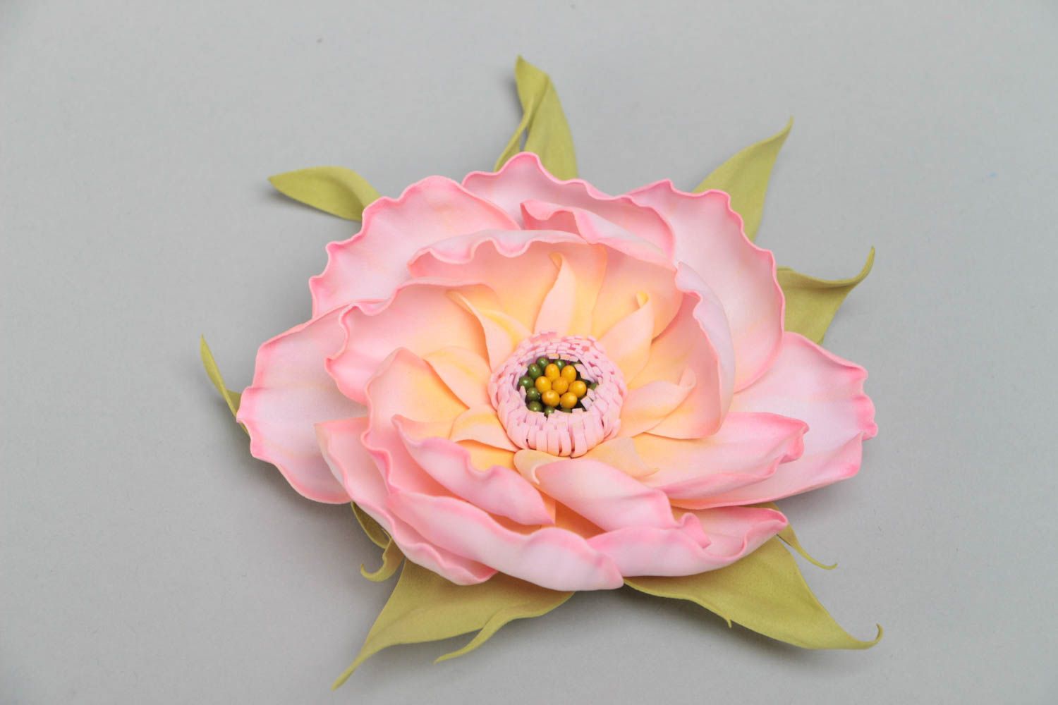 Handmade designer hair clip brooch with pink volume foamiran flower and leaves photo 2