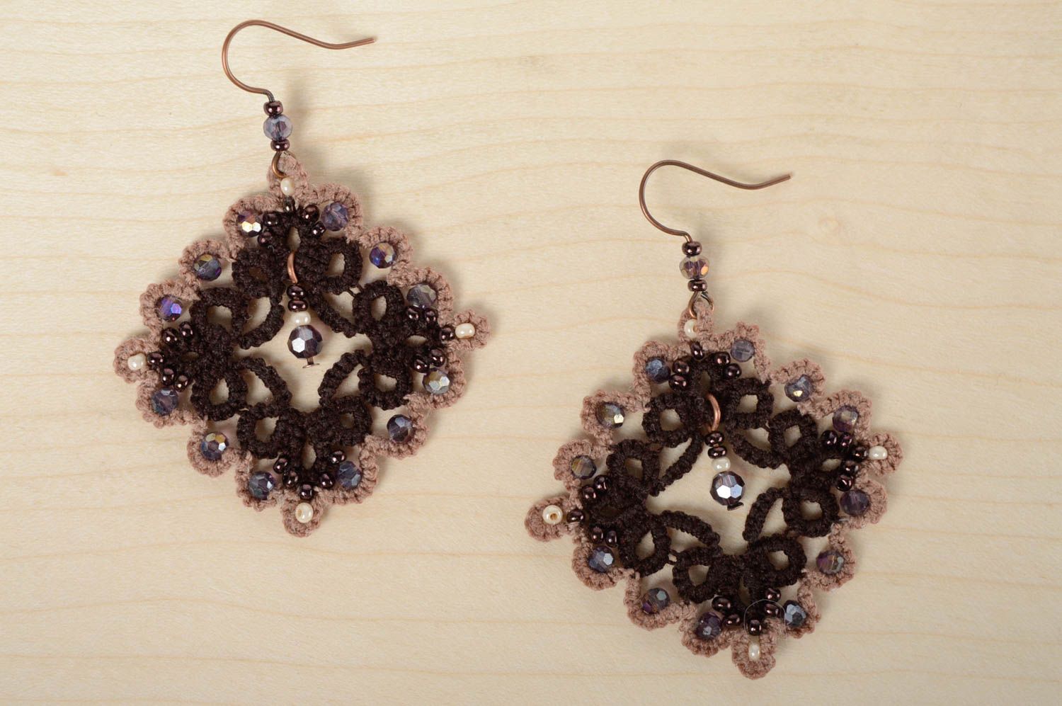 Handmade crochet earrings Brown Rhombus photo 2