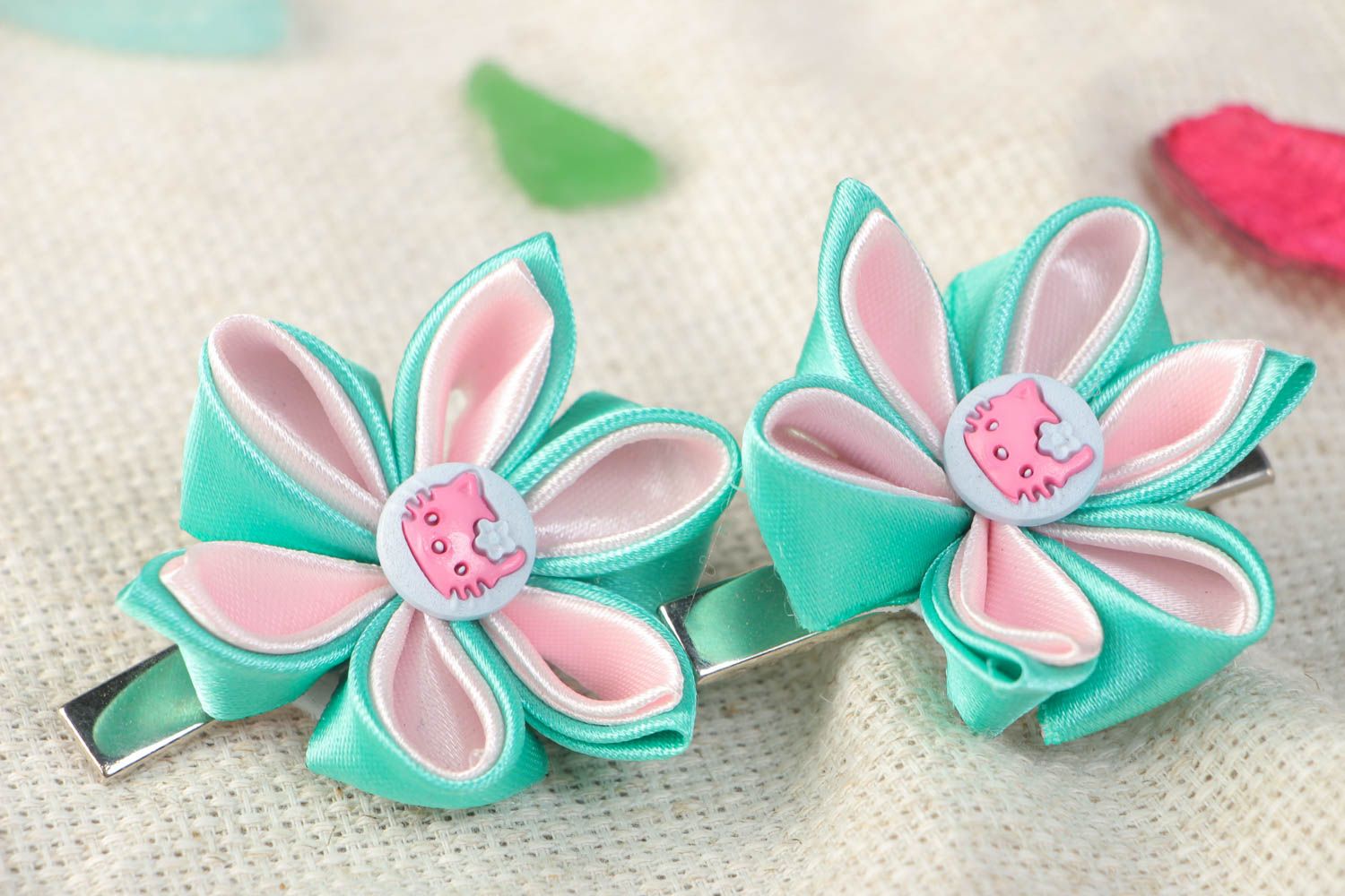 Handmade kanzashi satin ribbon flower hair clips set 2 pieces photo 1