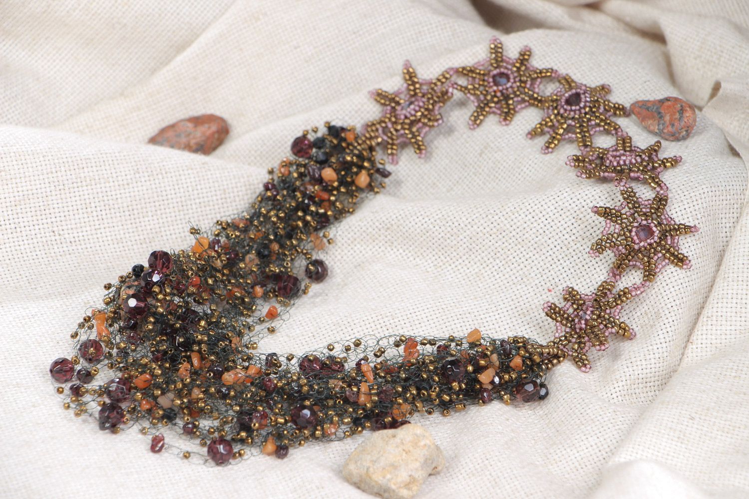 Handmade volume festive necklace woven of brown beads and natural stones photo 1