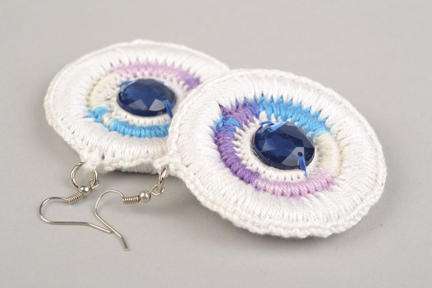 Handmade round dangling earrings woven of cotton threads with plastic cabochon photo 3
