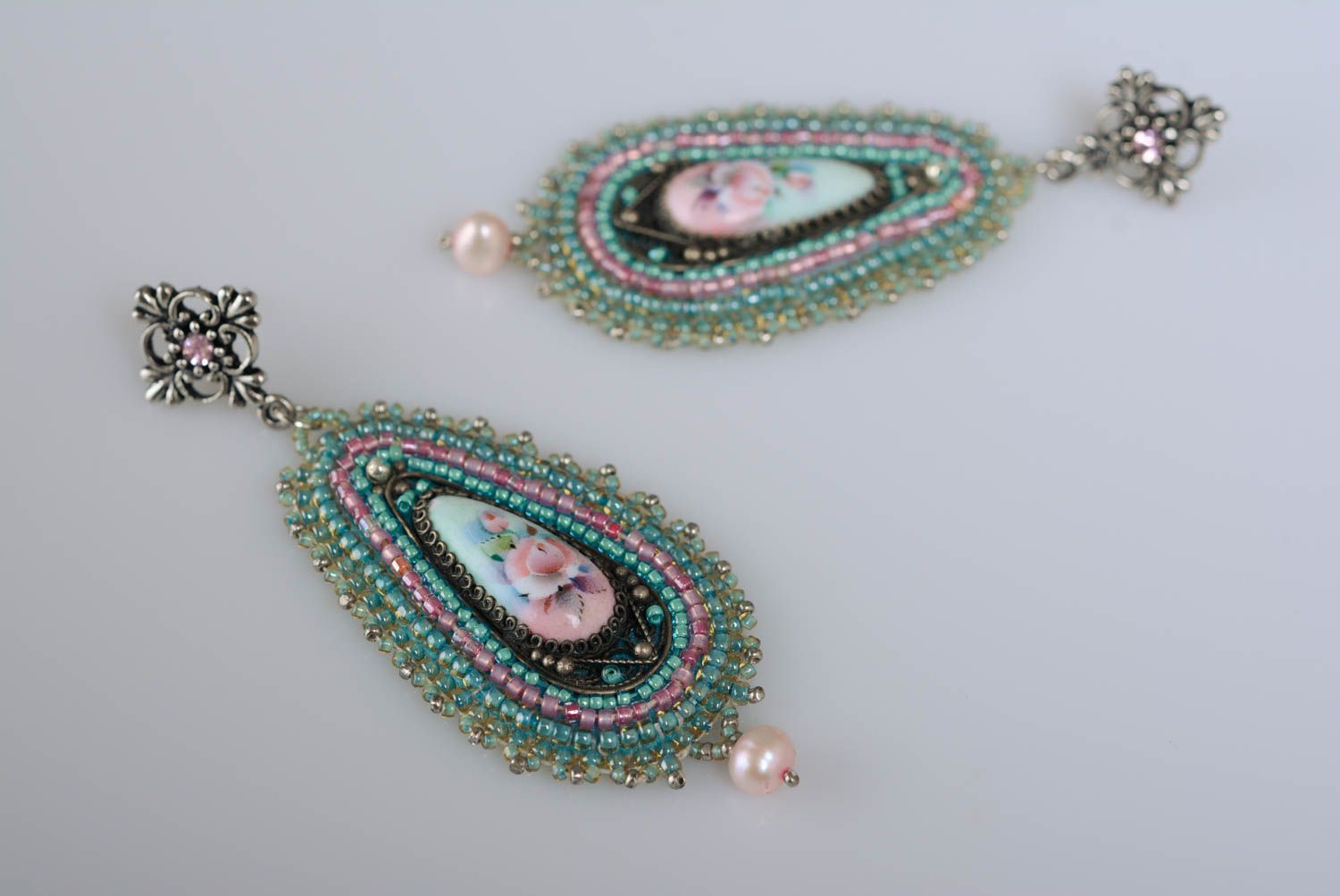 Handmade vintage bead embroidered dangling earrings with natural stones photo 2