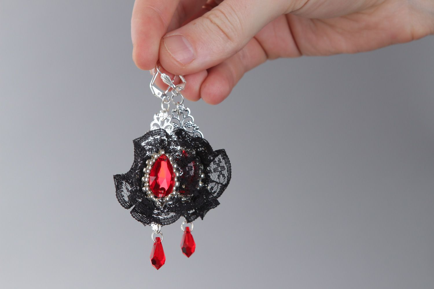 Handmade black and red dangle earrings with lace and Austrian crystals  photo 4