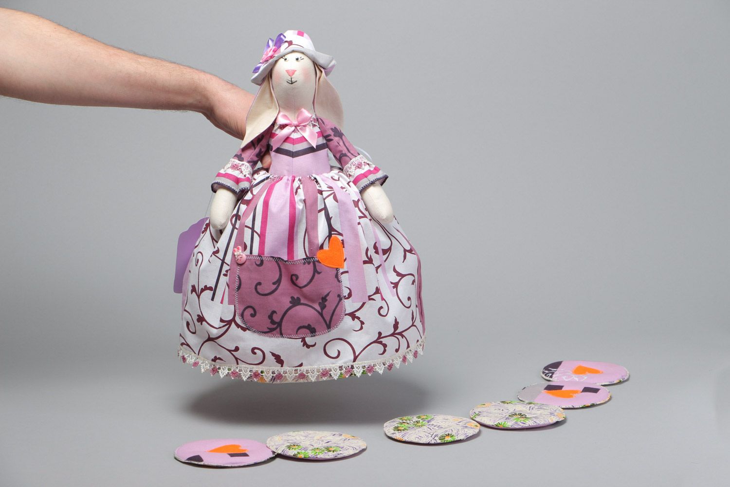 Handmade textile teapot warmer and 6 cup coasters tea set Bunny photo 5