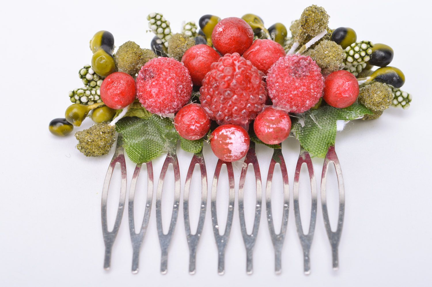 Unusual stylish handmade hair comb with berries of red and green colors photo 2