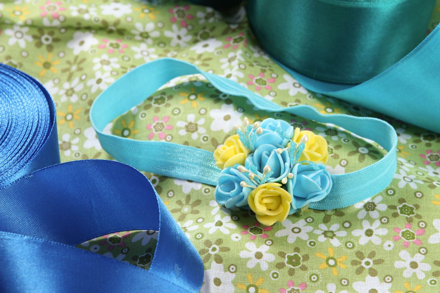 Повязка на голову ручной работы повязка для девочки голубая детская повязка фото 1