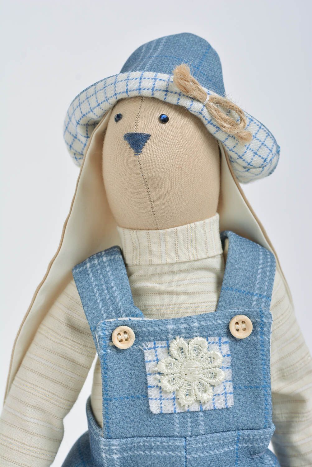 Handmade designer interior fabric soft toy rabbit boy in blue costume and hat photo 2