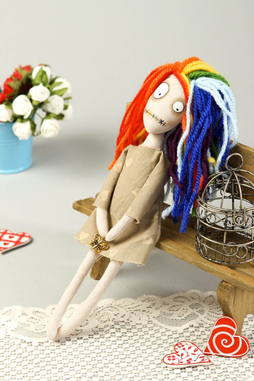 Кукла ручной работы кукла из ткани авторская кукла с радужными локонами фото 1