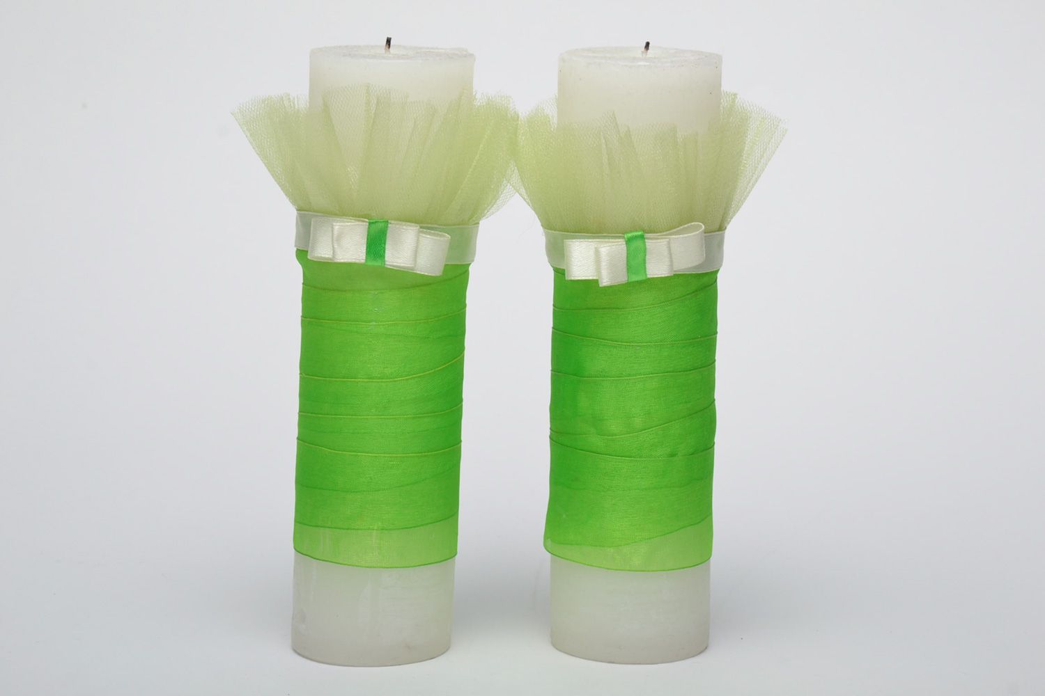 Handmade decorative wax wedding candles in white and green colors 2 items photo 2