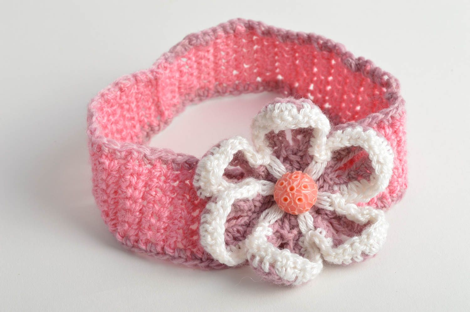 Unusual handmade designer children's pink crochet headband with flower photo 5