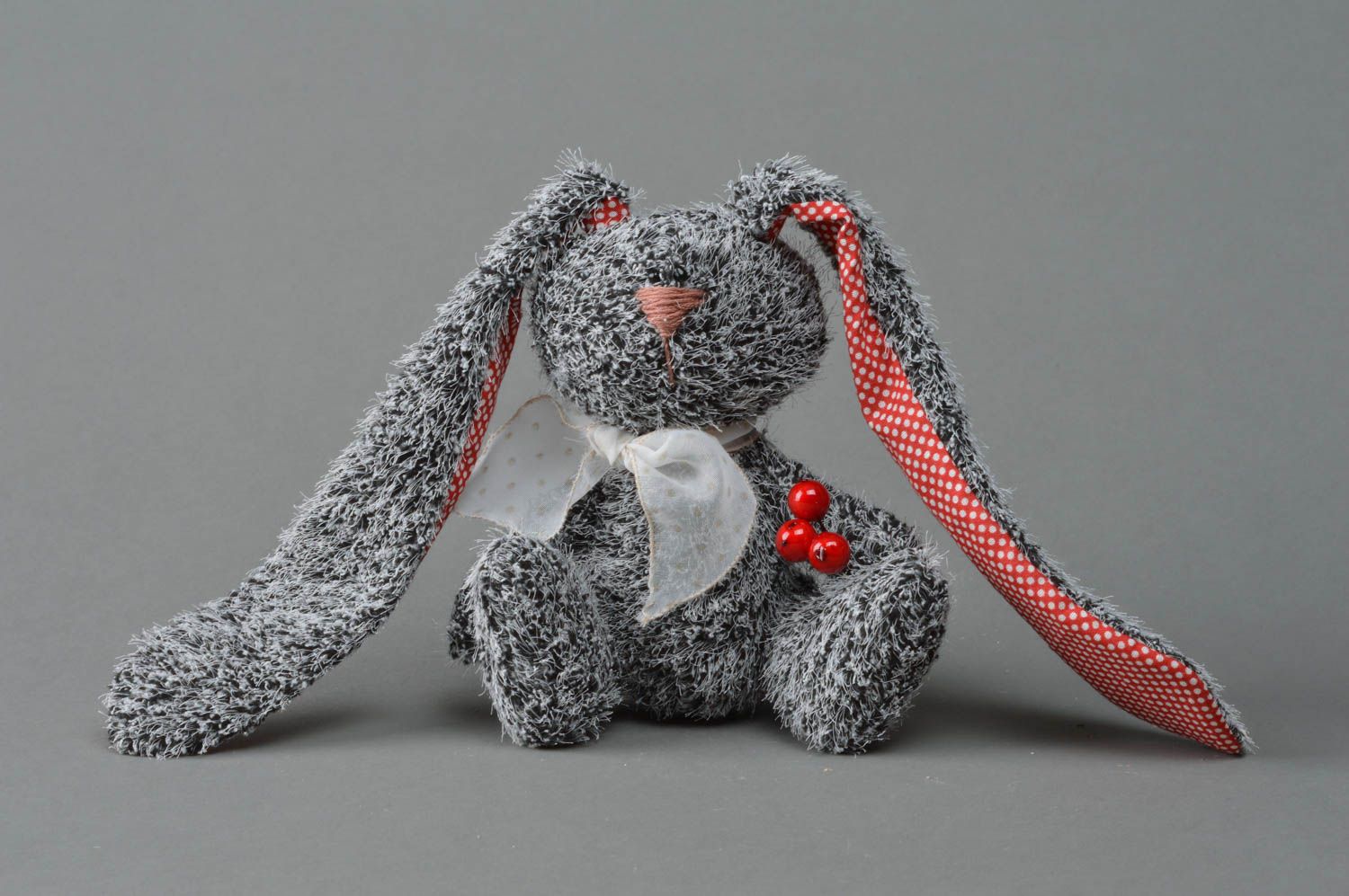 Handmade decorative designer toy in the form of bunny made of artificial fur photo 1