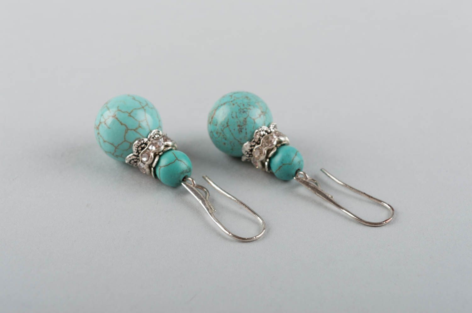 Unusual handmade designer brass earrings with natural turquoise stone beads photo 4