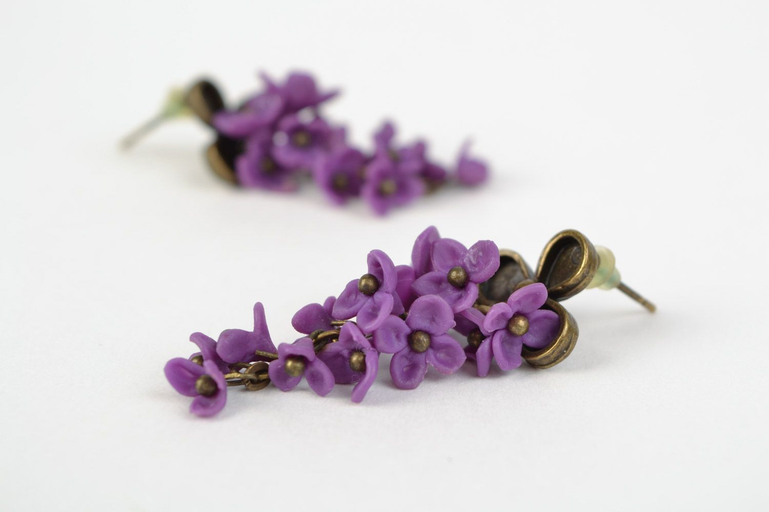 Beautiful handmade polymer clay flower earrings of violet color Lilac photo 1