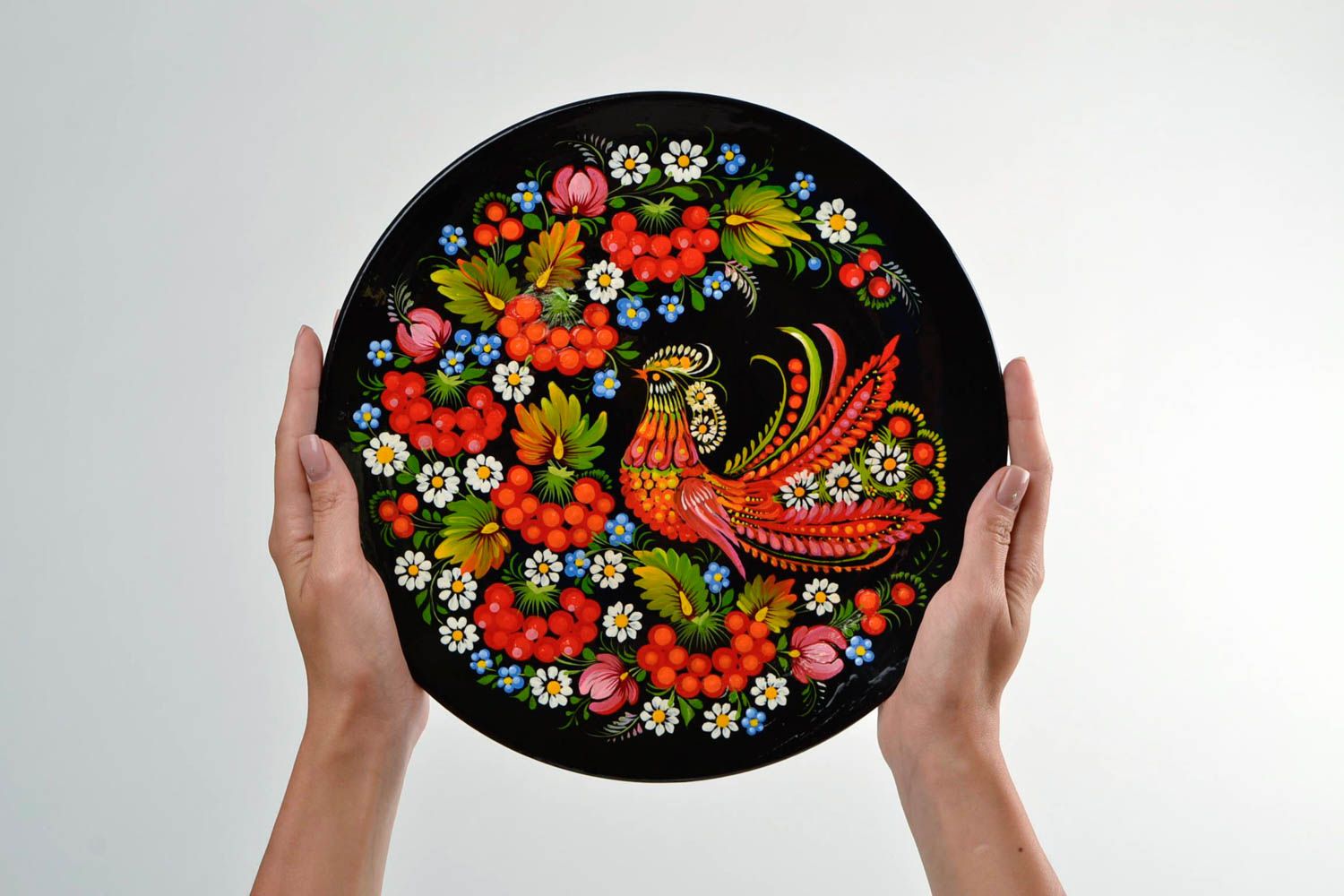 Designer wooden plate handmade Petrykivka painting interior decoration wall dish photo 4