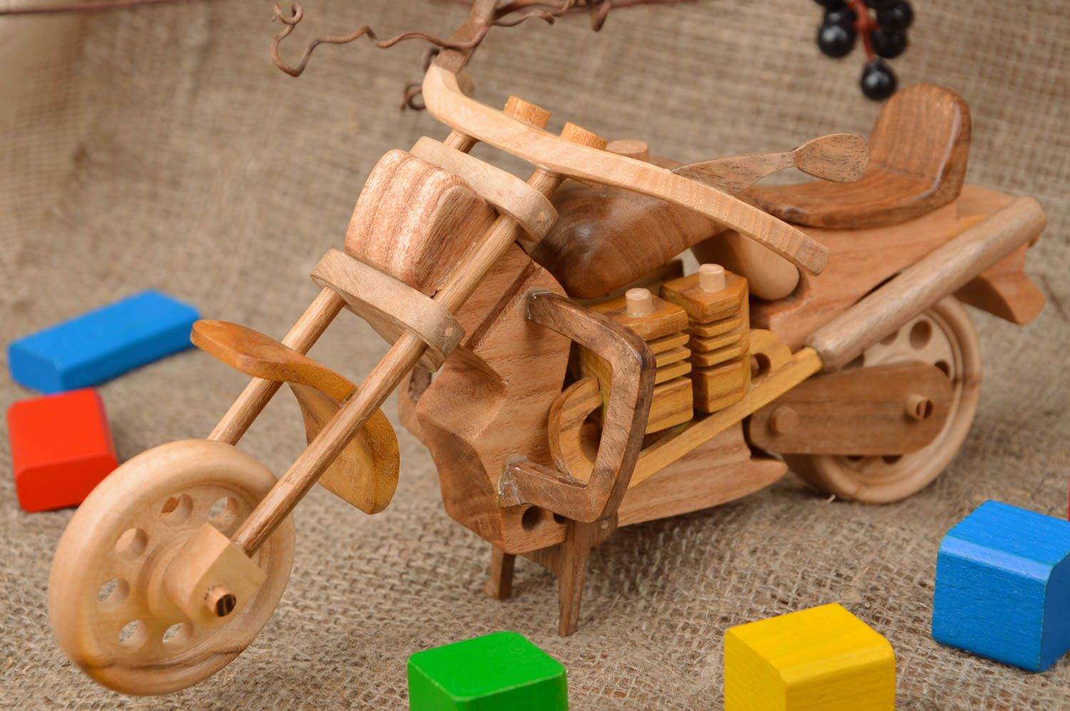 Unusual handmade collectible decorative wooden toy motorbike for interior design photo 1