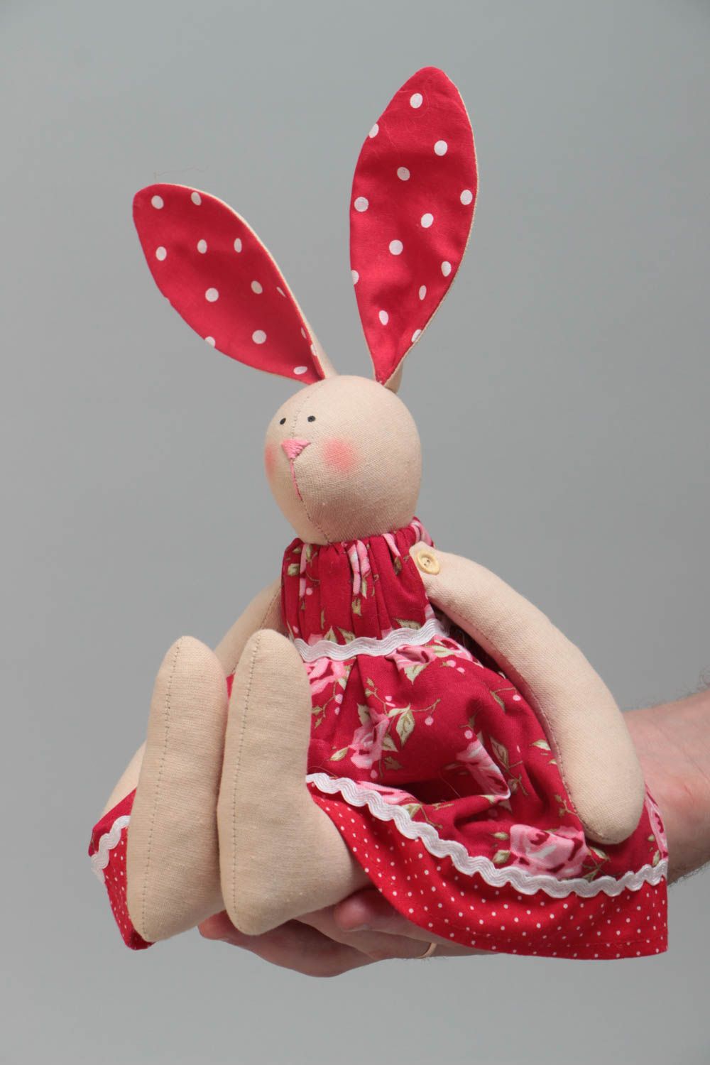 Handmade designer cotton fabric soft toy rabbit girl in dress with red ears photo 5