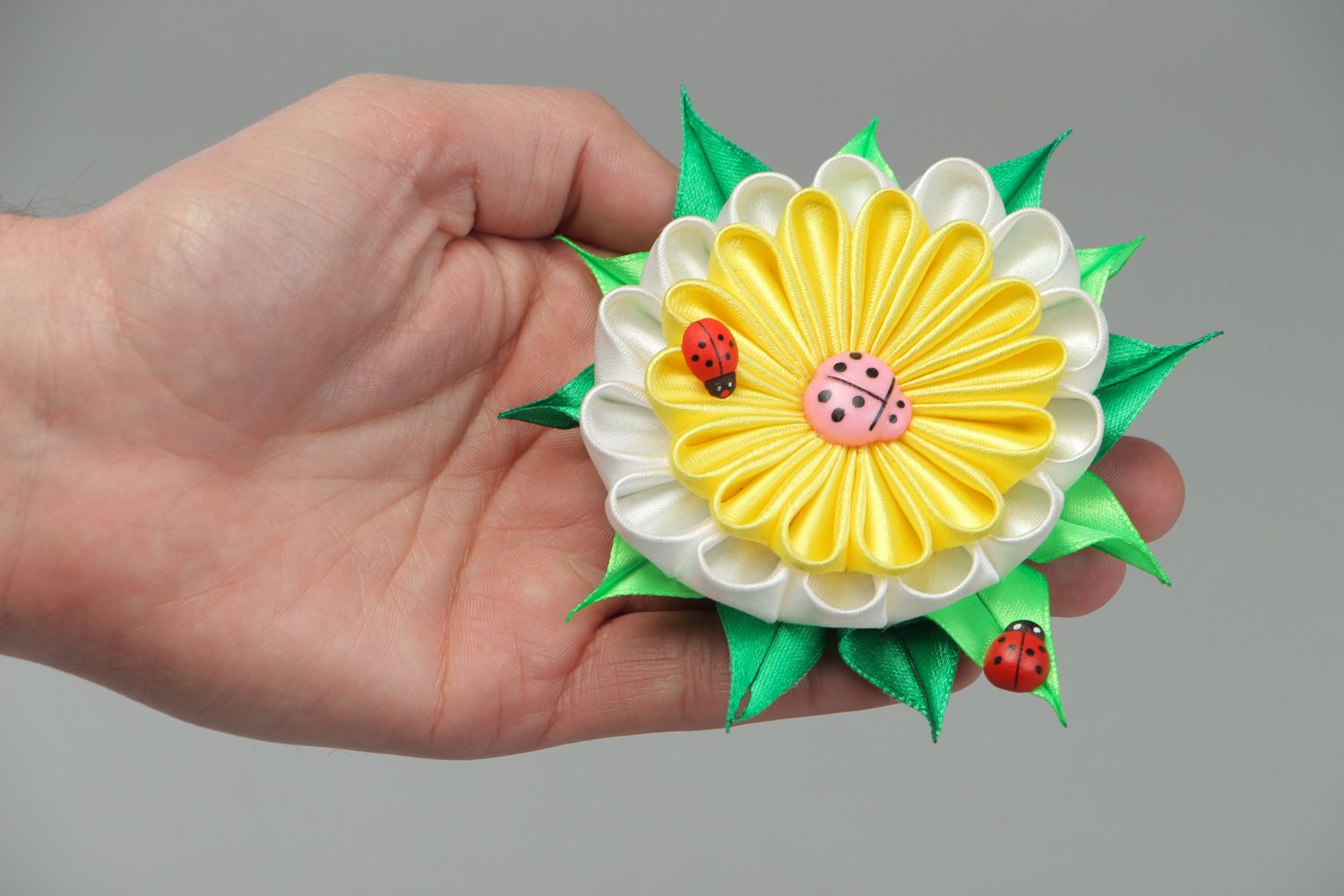 Bright handmade hair clip with yellow kanzashi flower and decorative ladybirds photo 4