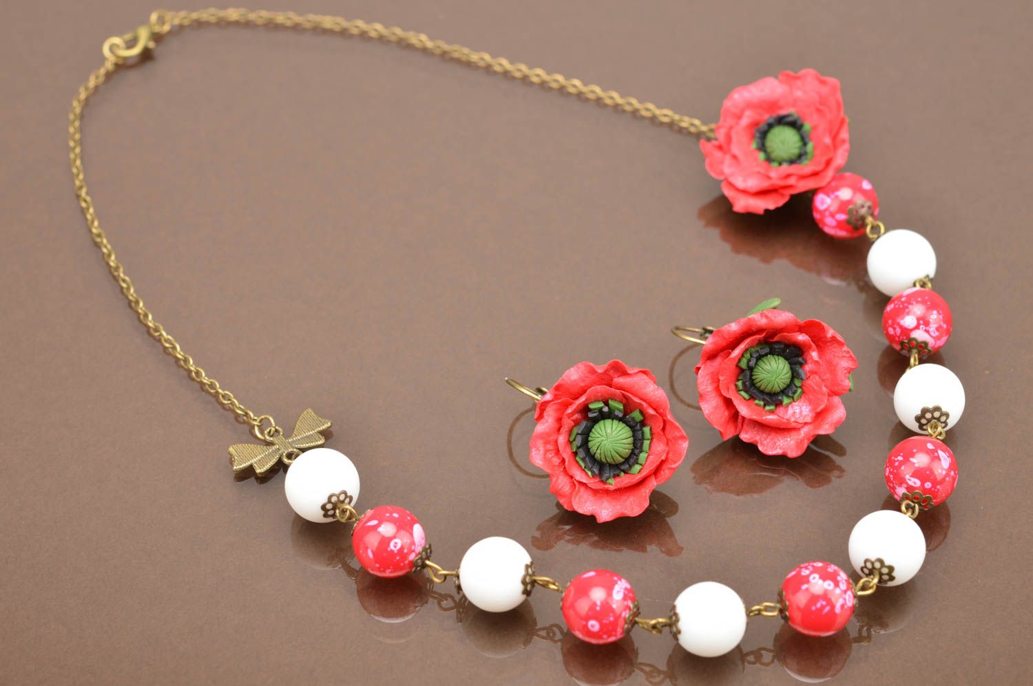 Handmade floral polymer clay jewelry set earrings and necklace with red poppies photo 2