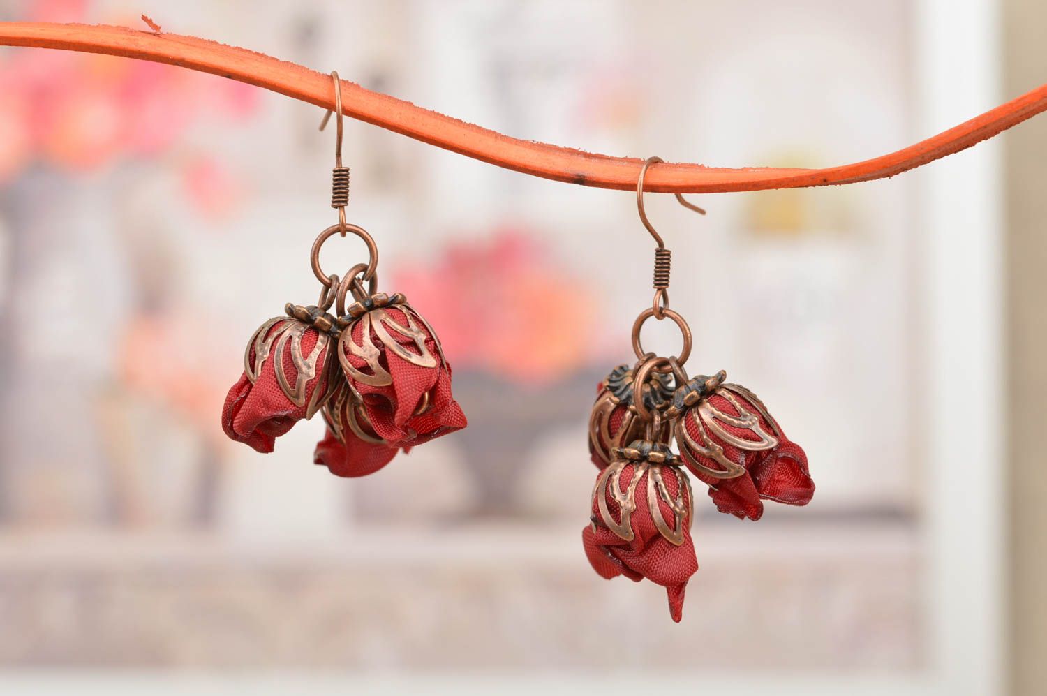 Handmade flower earrings claret textile accessory cute earrings with charms photo 1
