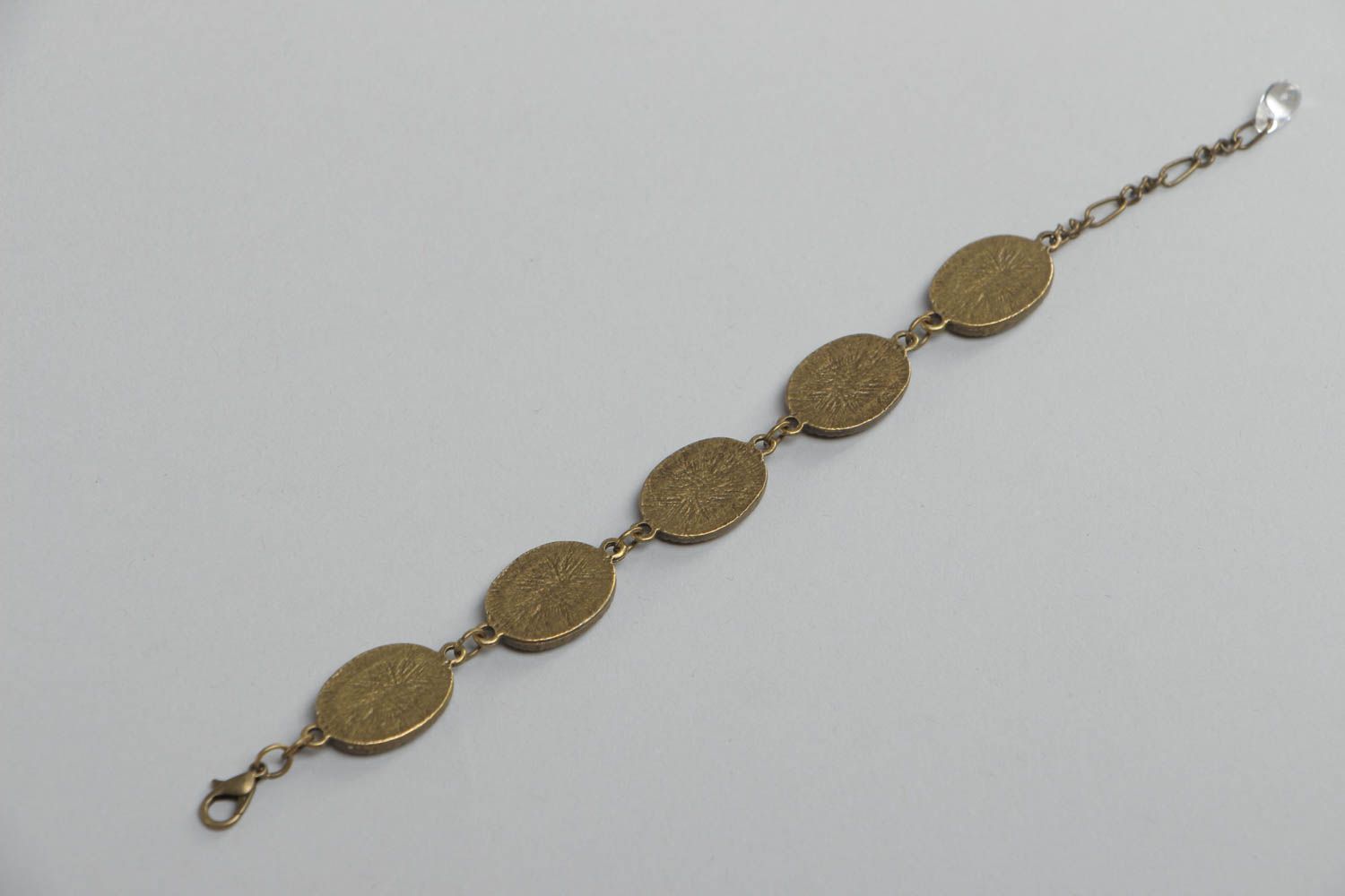 Handmade metal and glass glaze wrist bracelet with chain and flower pattern photo 4