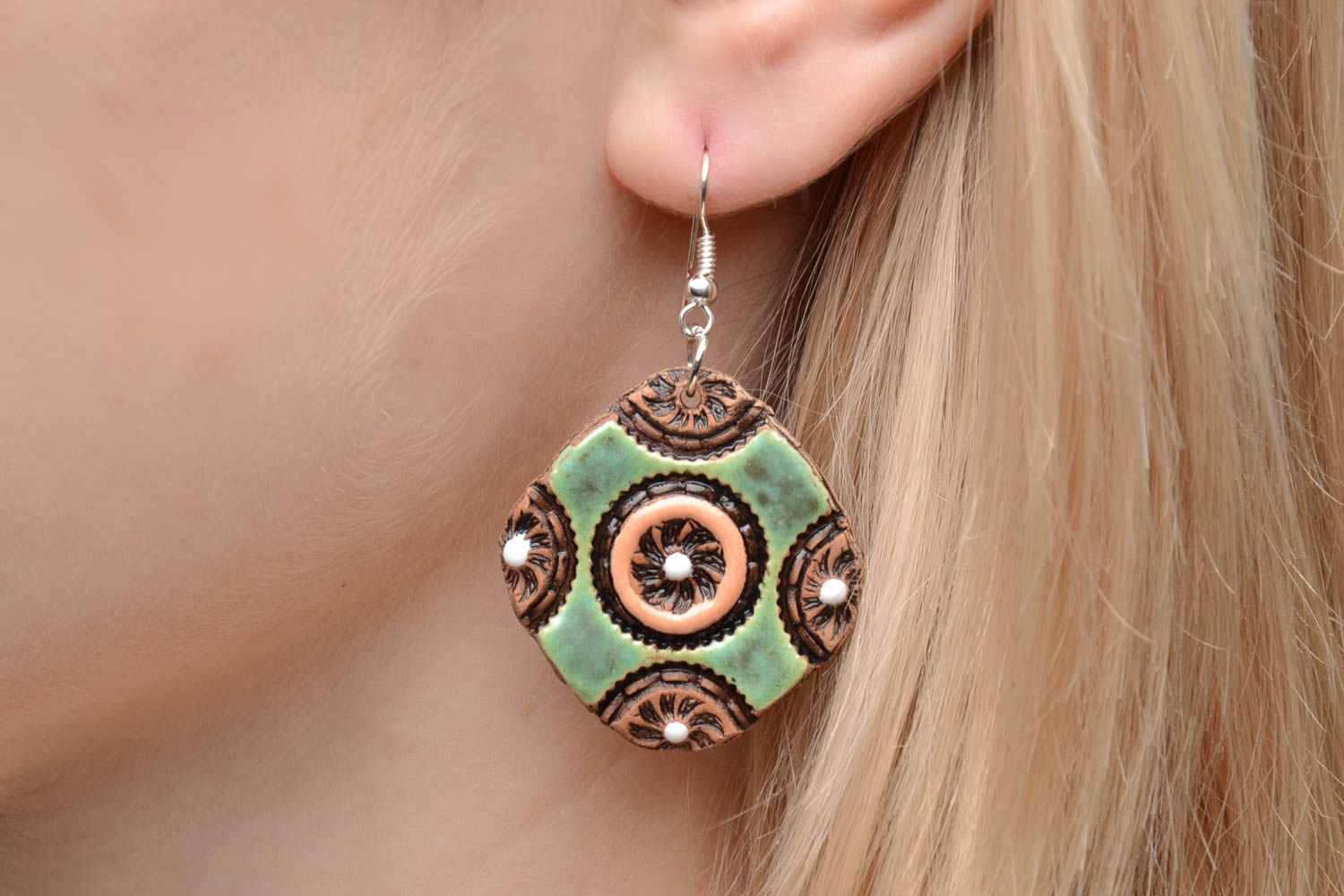 Ceramic earrings with ornament photo 2