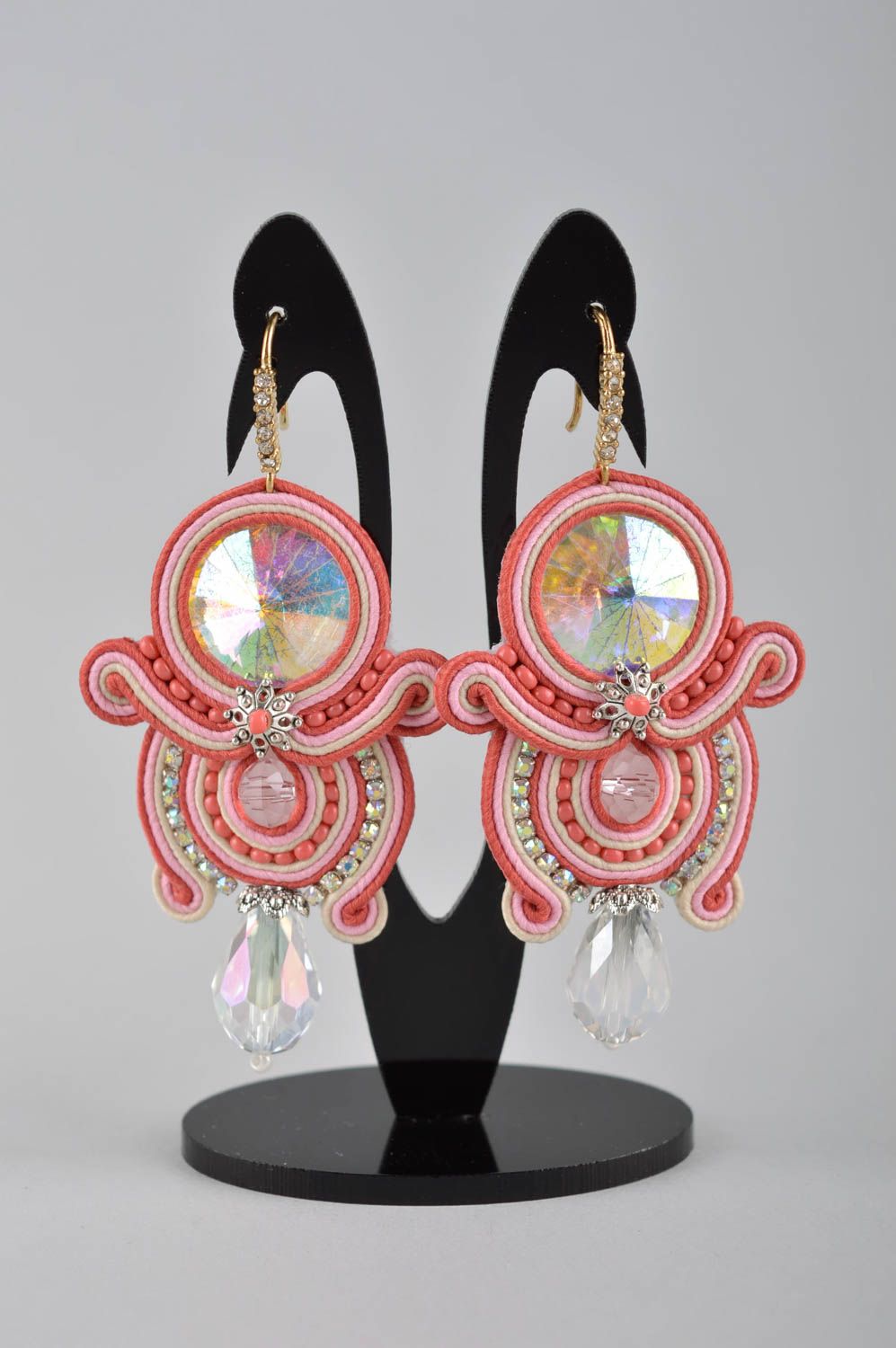 Handmade lange Ohrringe Soutache Schmuck Accessoires für Frauen groß rosa foto 2