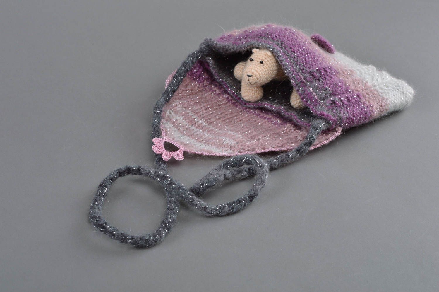 Sac tricoté avec longue poignée fait main rose violet accessoire pour fille photo 3