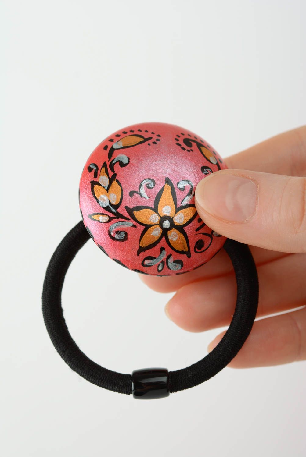 Élastique à cheveux en bois peint à l'acrylique fait main rose à fleurs photo 5