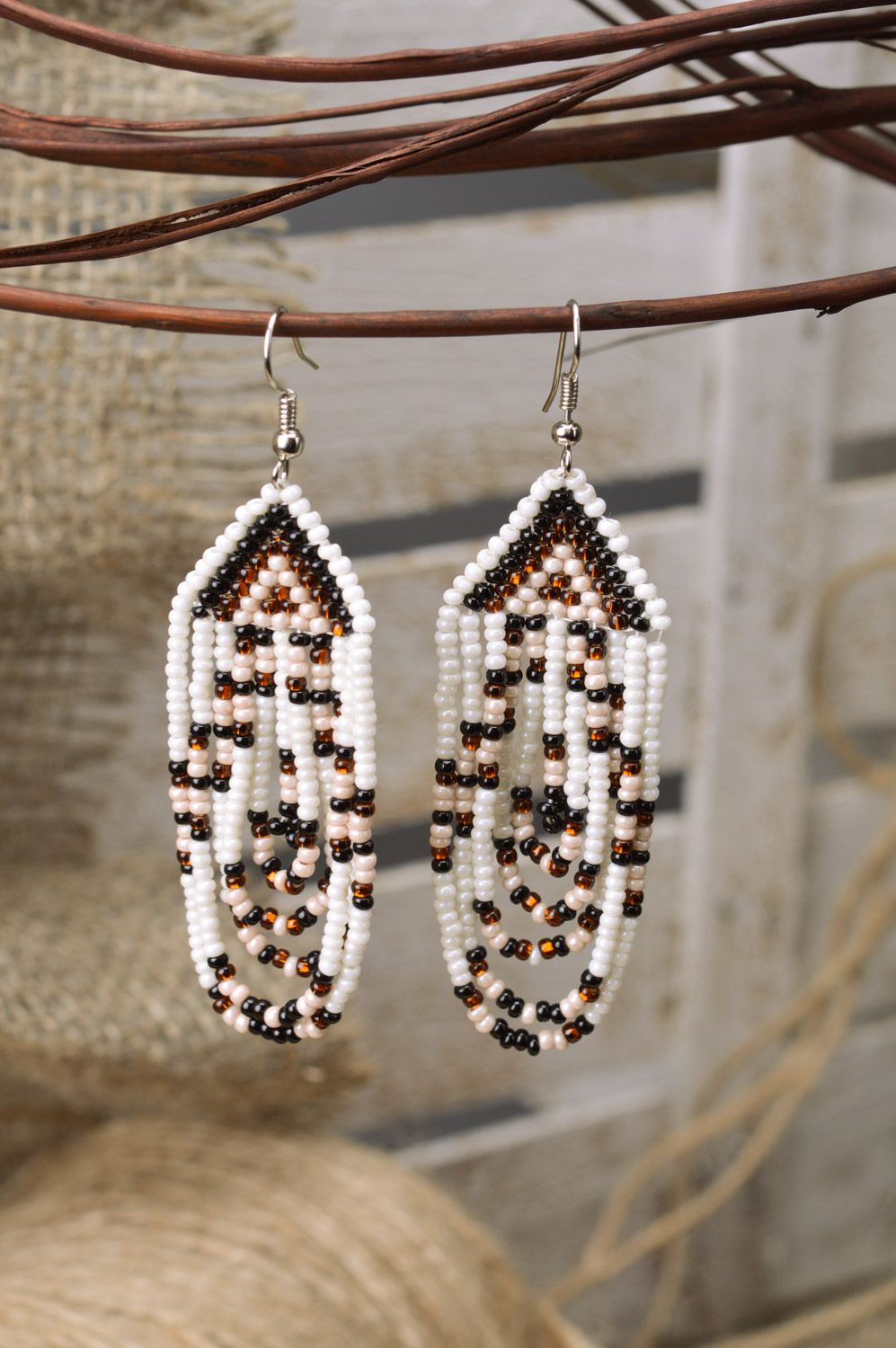 Massive evening long earrings woven of Czech beads handmade photo 1