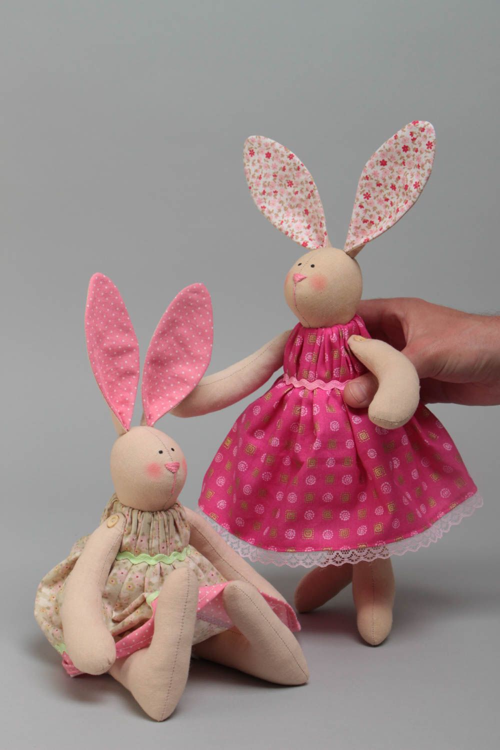 Set of 2 handmade designer cotton fabric soft toys rabbit girls in pink dresses photo 5