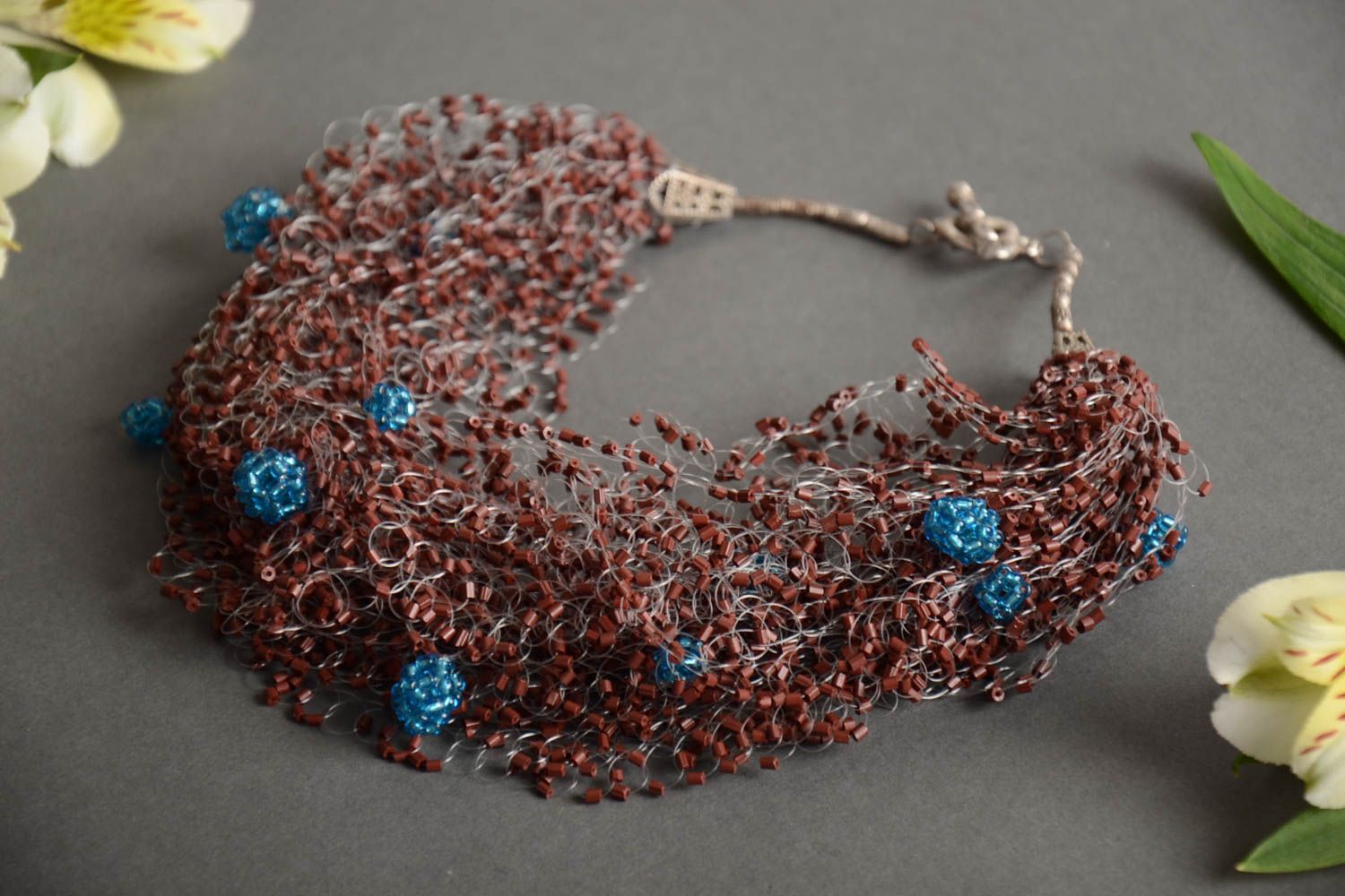 Handmade designer brown and blue airy volume necklace crocheted of Czech beads photo 1