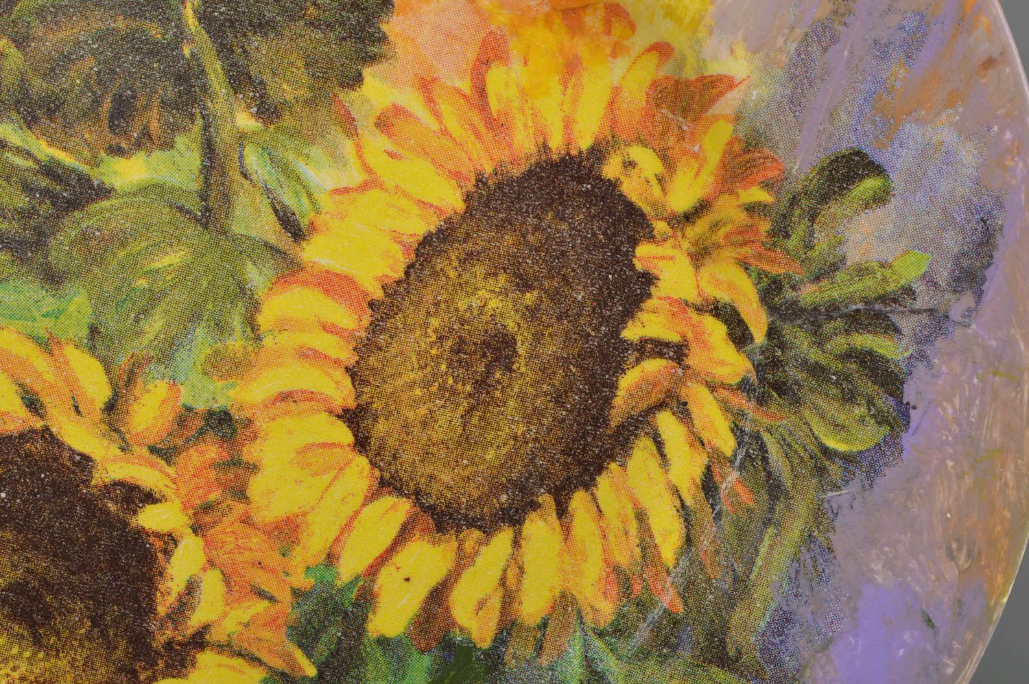 Decorative designer decoupage glass round plate handmade Sunflowers painted photo 3