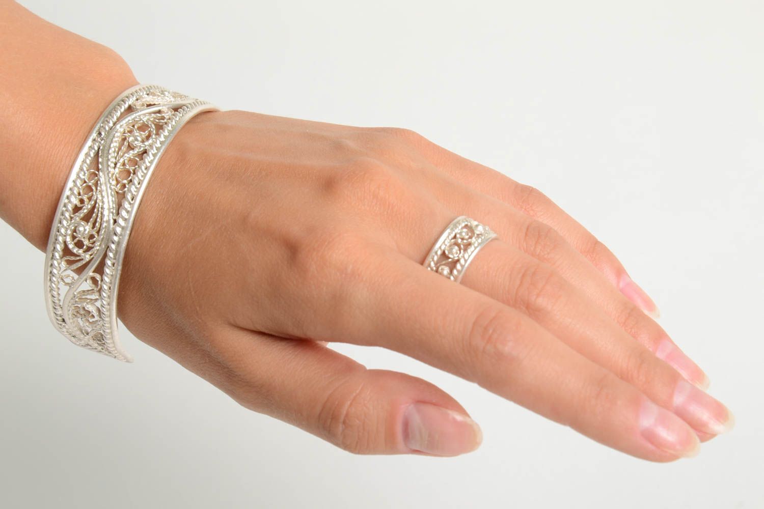 Украшения ручной работы серебряный перстень браслет из серебра ажурные набор фото 2
