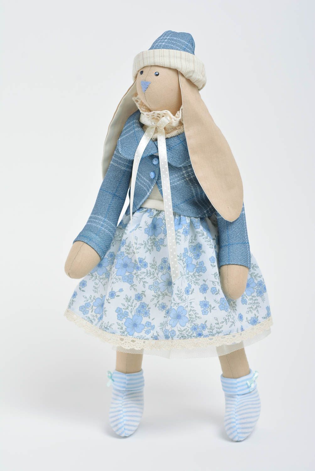 Small handmade collectible fabric soft toy hare in dress photo 2