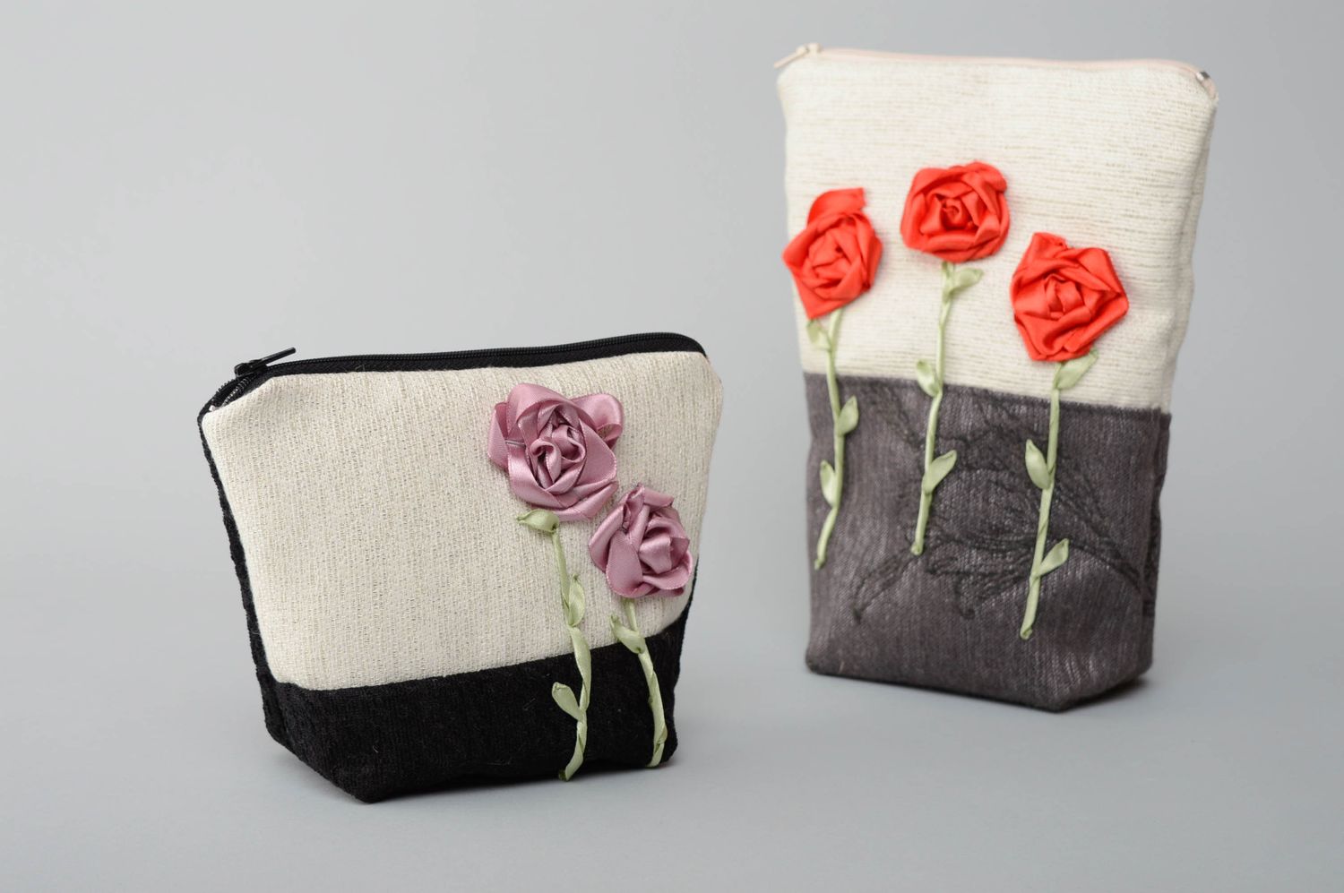 Handmade fabric cosmetic bag embroidered with ribbons Roses photo 5