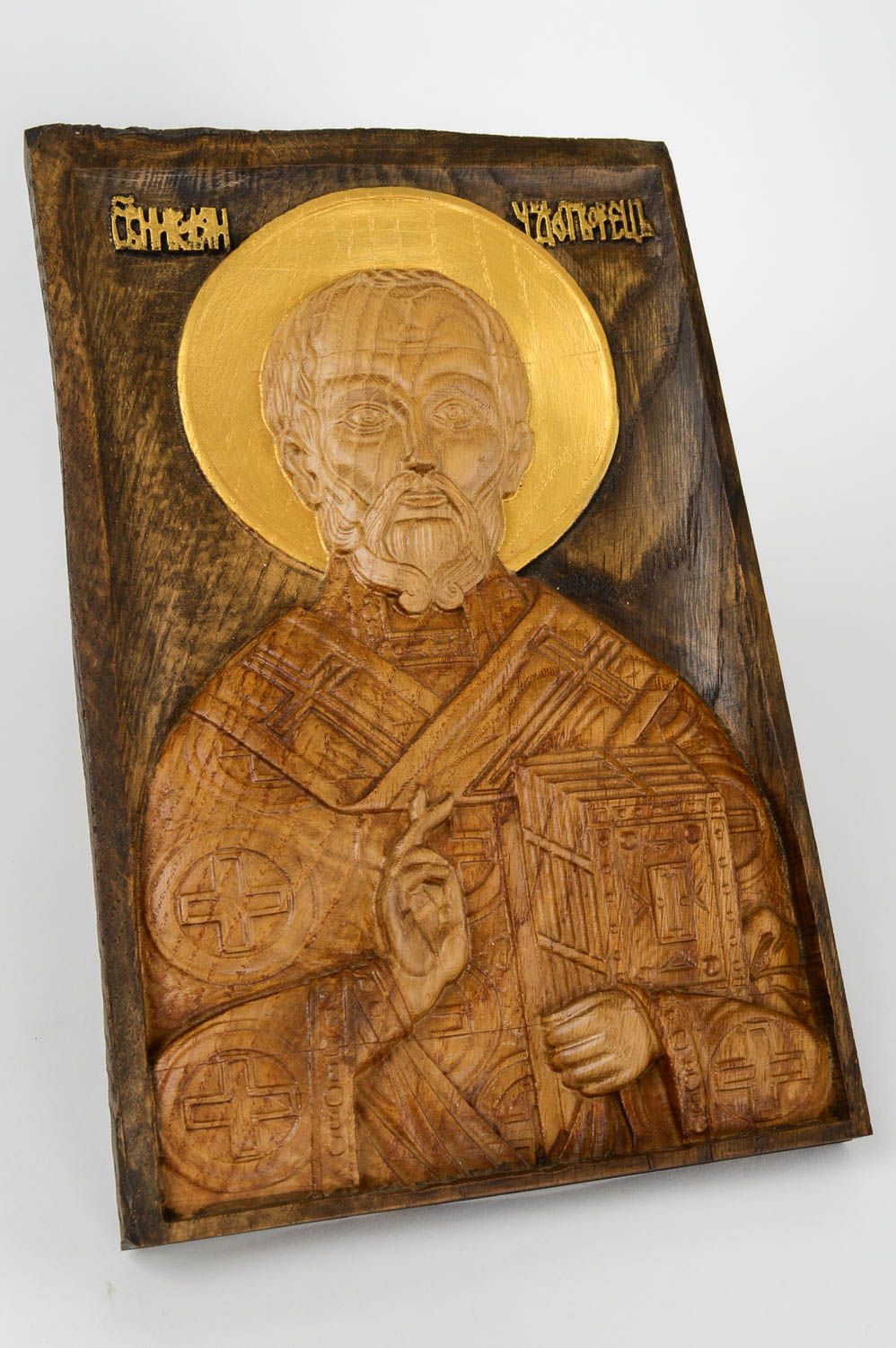 Икона ручной работы икона святого Николая православная икона резная красивая фото 3