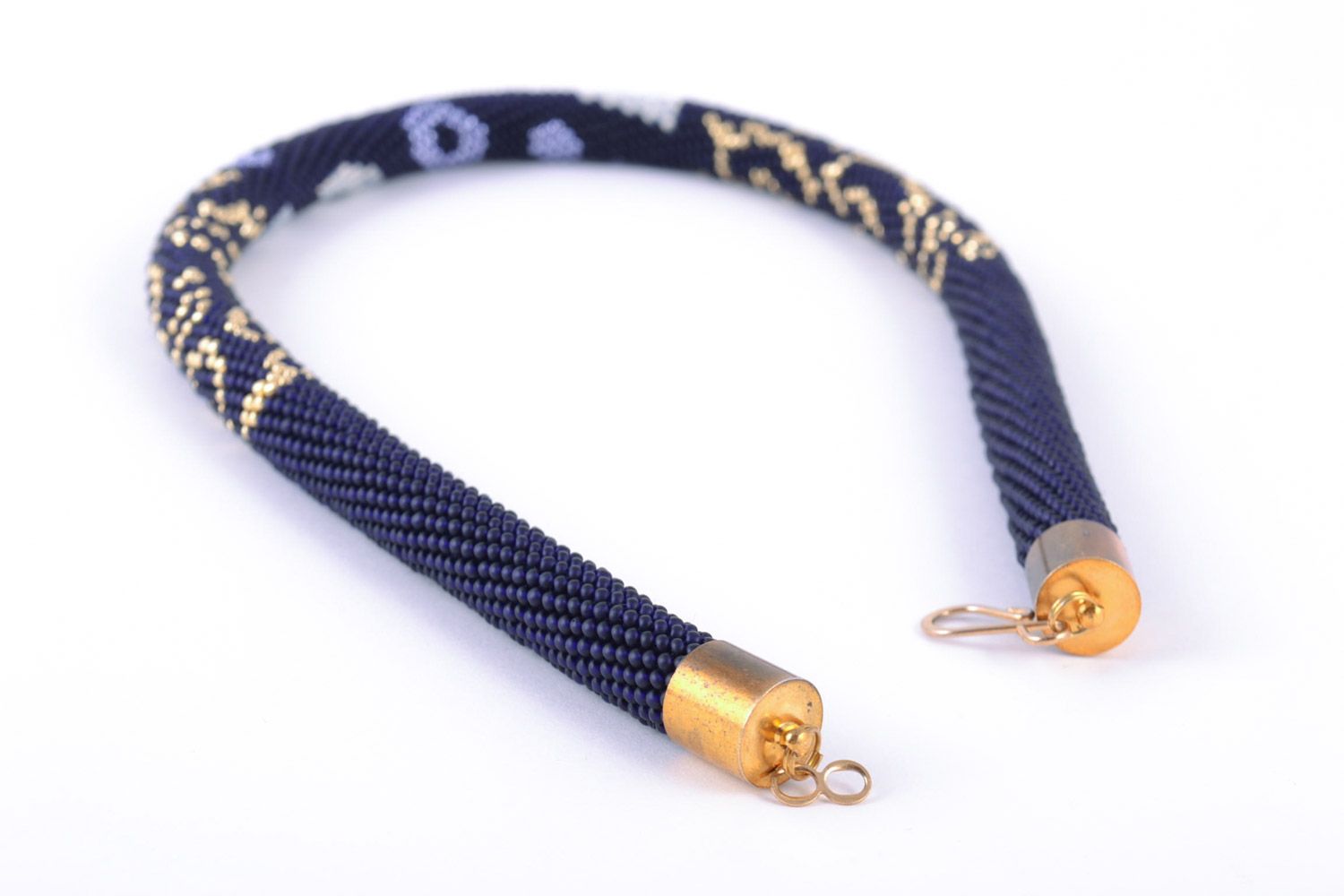 Handmade cord necklace with Czech beads of blue color with gold patterns photo 4