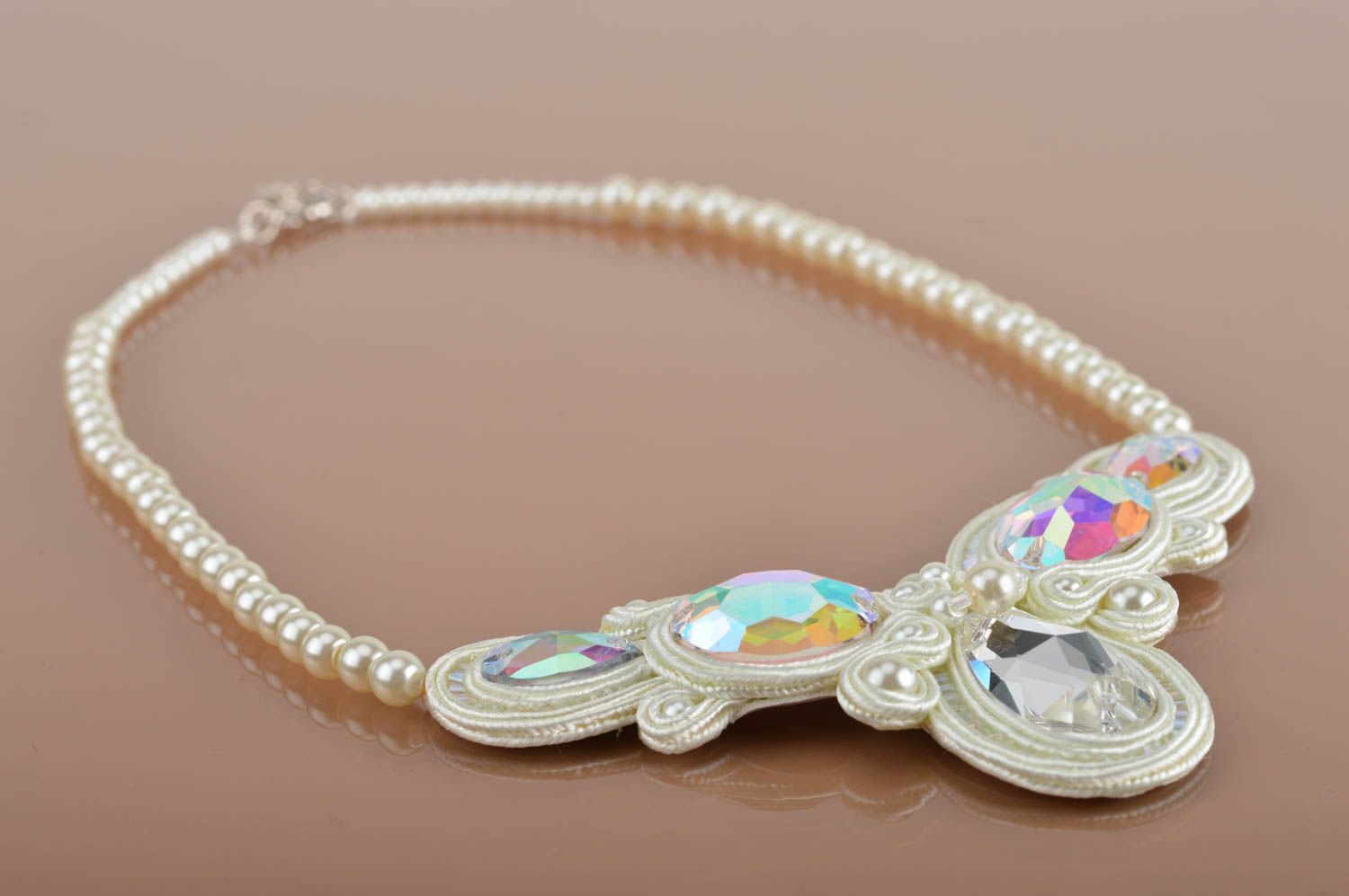 Beautiful gentle handmade designer soutache necklace with Austrian crystals photo 2